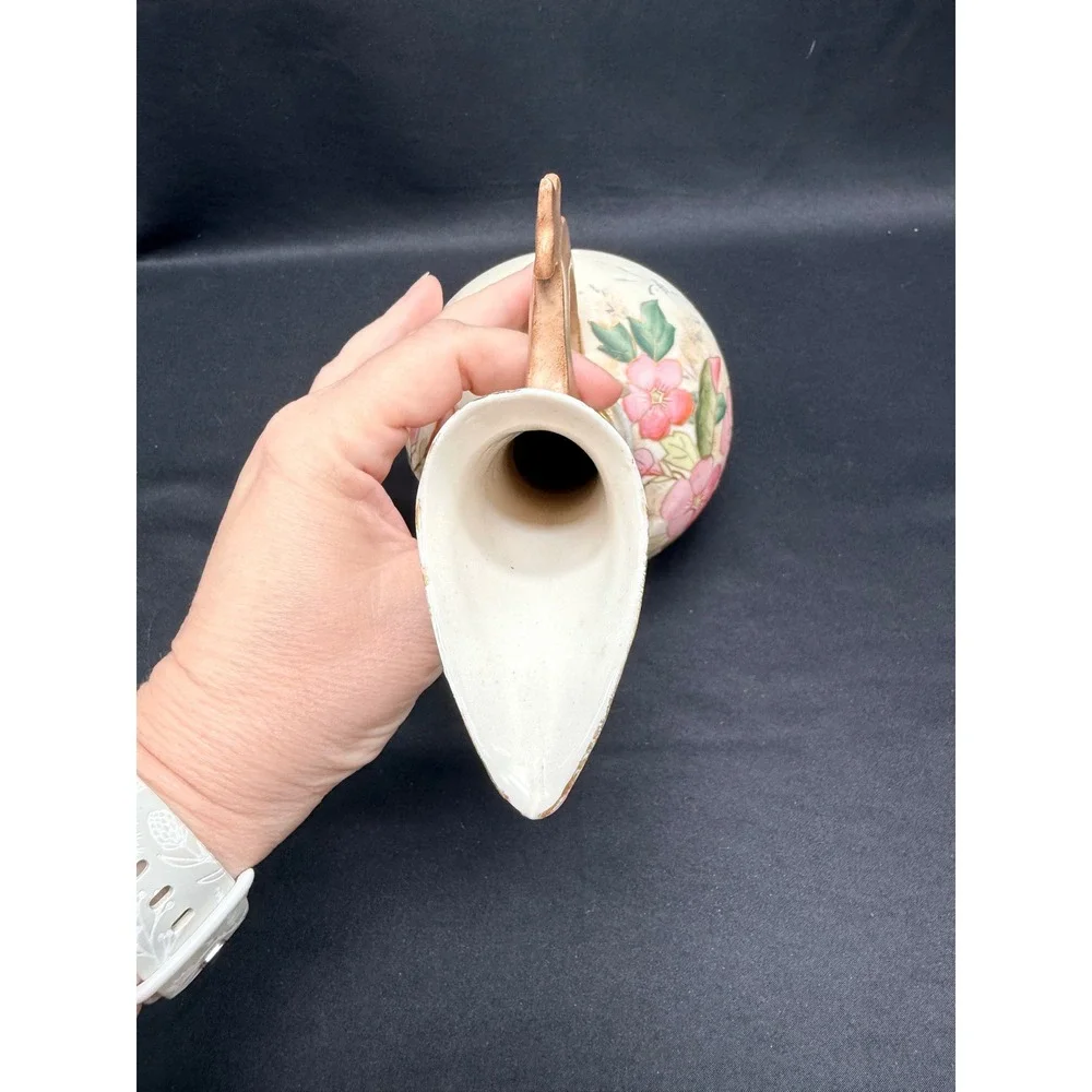 Antique Hand Painted Floral Ceramic Pitcher Vase Pink Flowers Gold Trim 8.5